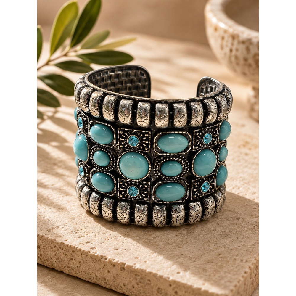 Boho Silver Tone Tuquioise Blue Cabochon Rhinestone Cuff‎ Bracelet Chunky